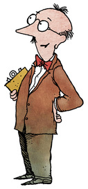 Mr. Farnsworth, the science fair judge, holding a clipboard